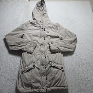 Y2K Hollister Fur Lined Anorak Jacket Womens Large Hood Utility Preppy Buttons
